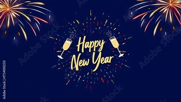 Fototapeta Luxury Happy New Year Greeting Card with Golden Typography, Confetti, Champagne, and Fireworks