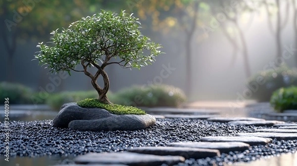Fototapeta Minimalist garden scene with neatly arranged stones and a single bonsai tree.