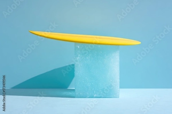 Fototapeta Bright yellow shape balanced on translucent blue base, creating