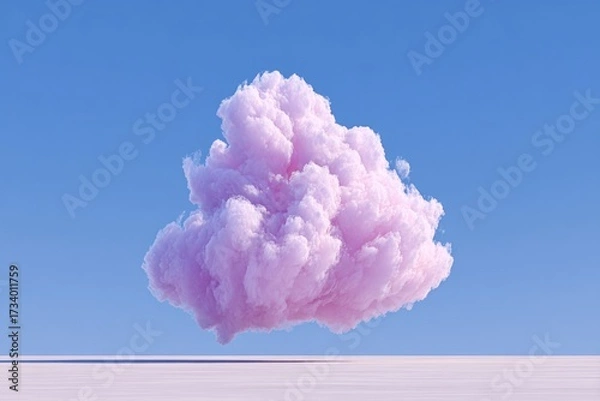 Fototapeta Fluffy pink cloud floats against clear blue sky, creating whimsi
