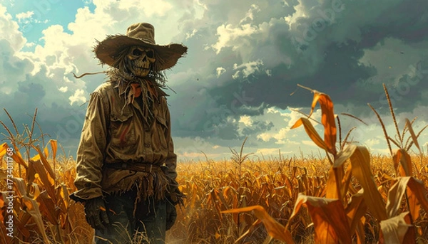 Fototapeta Scarecrow in Cornfield - Halloween Harvest Theme with Cloudy Sky