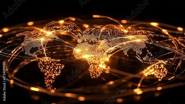 Fototapeta Glowing streams of light connecting a globe to a network of thriving businesses.