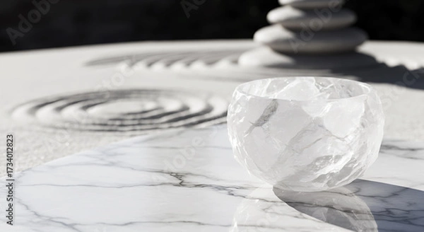 Fototapeta Clear crystal bowl on marble surface with zen garden patterns  