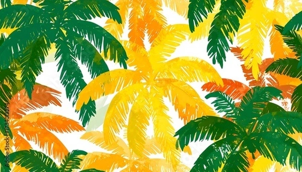 Fototapeta Watercolor-style palm tree leaves in yellow, orange, and green, overlapping on white background