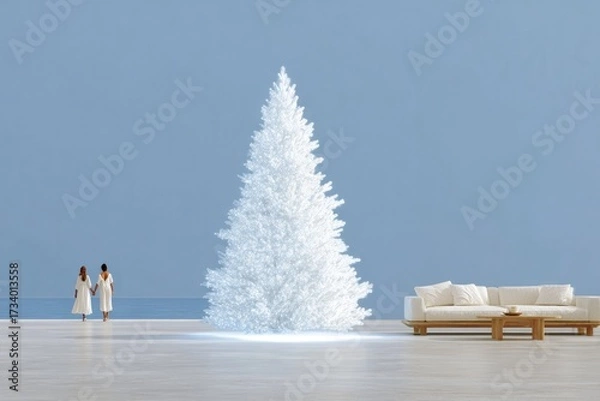 Fototapeta Minimalistic scene features large white tree against serene blue