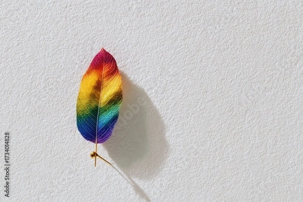 Fototapeta Colorful leaf casting delicate shadow on textured wall, radiatin