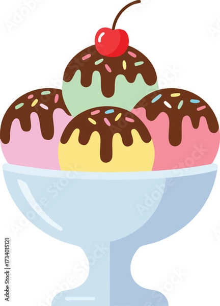 Fototapeta A colorful ice cream sundae with four scoops, chocolate syrup, sprinkles, and a cherry on top, served in a glass bowl.