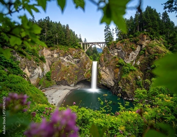 Fototapeta Waterfall cascading into a secluded cove, framed by lush greenery and an arched bridge