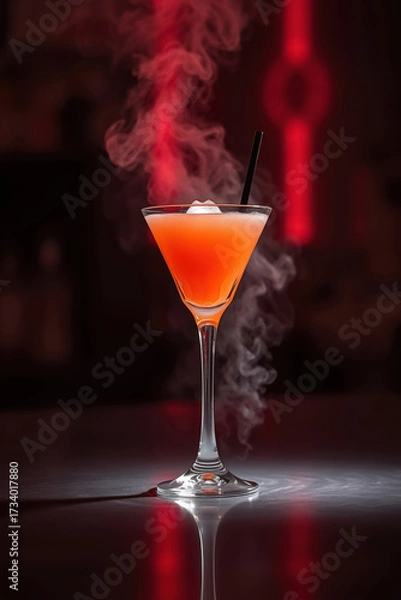 Fototapeta Smoky orange cocktail in a martini glass with a vapor effect creating a dramatic atmosphere. The glass is elegantly positioned on a reflective surface with a dark background.