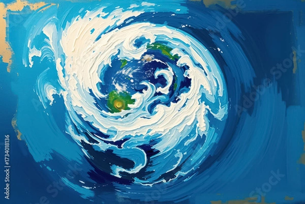 Fototapeta Surreal Swirling Earth Painting with Clouds in a Vortex, Depicting North and South America in Vibrant Blue and Green Tones