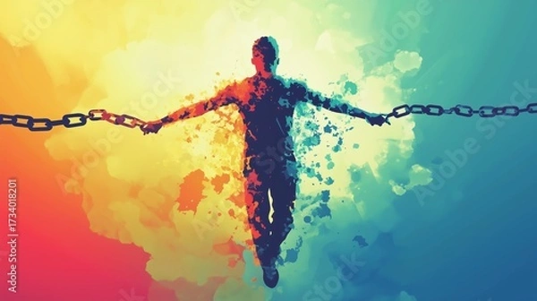Fototapeta Abstract individual breaking free from stress chains, vibrant colors symbolizing freedom and positivity radiating outward.