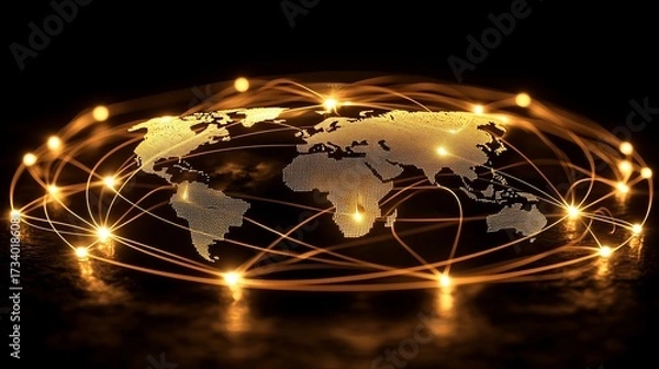 Fototapeta Glowing streams of light connecting a globe to a network of thriving businesses.