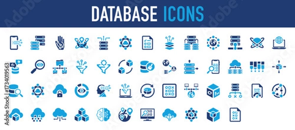 Fototapeta Set of Database icon. View, Layers, Global, Network, International, Vision, Phone, Chart, Laboratory, Information, Speedometer, Link, Connection, Cloud, Drawing, Location, Html illustration.