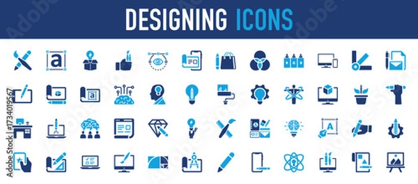 Fototapeta Set of Designing icon. Writing, Edit, Web, Poster, Data, Art , Draw, Insporation, Favorite, Profile, Monitor, Technology, Paint, Text Form, Box, Tool, Eye, Mobile, Stationary, Drawing illustration. 