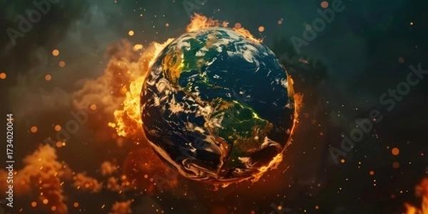 Obraz abstract Global worldwide Warming from Excessive Exploitation fire burn globe damage destruction wallpaper background.