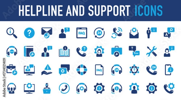 Fototapeta Set of Helpline and support vector icon. Question, Call, Hours, Help, Customer Service, Technology, Gear, Info, Repair, Question, Message, Information, Phone, Communication, Telephone illustration. 