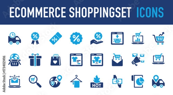 Fototapeta Set of Ecommerce shopping vector icon. Track Order, Money, Connection, Find, Shopping, Hot, Document, Time, Tag, Discount, Business, Christmas, Favorite, Clothes, Social illustration. 