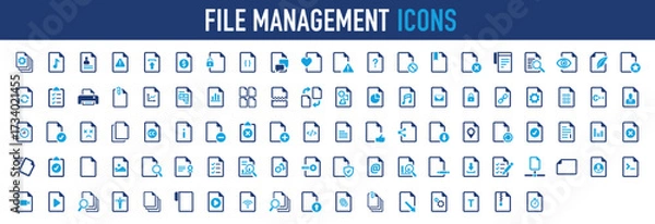 Fototapeta Set of File management vector icon. Seo, Sharing, Xml, Search, Check, Printer, Report, Paper, Delete, Document, Mark, Navigation, Folder, Man, Web, Video, Person, Sheet, WiFi, Upload illustration. 