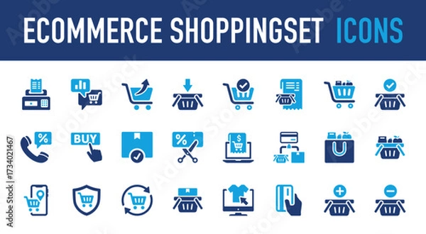 Fototapeta Set of E commerce shopping vector icon. Bag, GPS, Security, Cart, Shopping, Card, Add, Delete, Machine, Business, Call, Tag, Discount, Web illustration. 