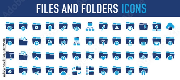 Fototapeta Set of Files And Folders vector icon. Source Folder, Directory, Upload, Notification, Music, Document, Archives, Secure, Save, Delete, Remove, Organization, Video illustration. 