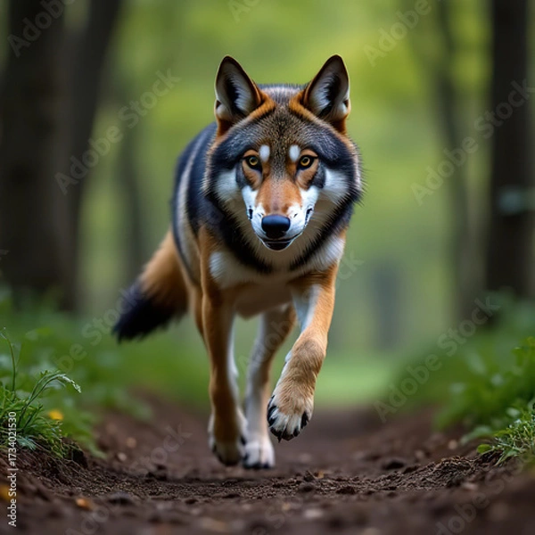 Fototapeta The wolf flees into the forest. Wolf runs through the summer field.created with the help of artificial intelligence.