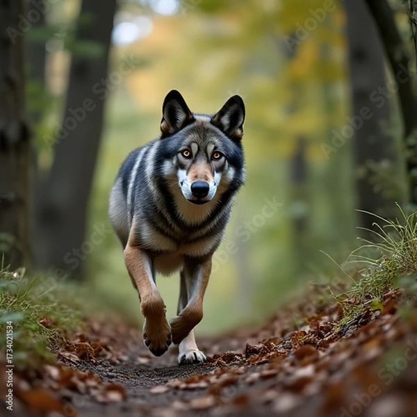 Fototapeta The wolf flees into the forest. Wolf runs through the summer field.created with the help of artificial intelligence.