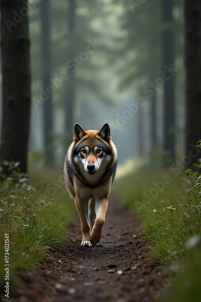Fototapeta The wolf flees into the forest. Wolf runs through the summer field.created with the help of artificial intelligence.
