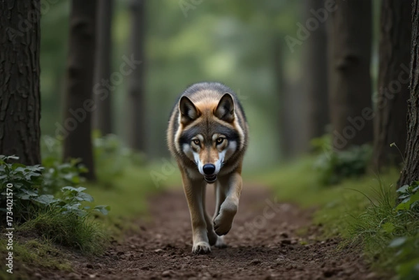 Fototapeta The wolf flees into the forest. Wolf runs through the summer field.created with the help of artificial intelligence.