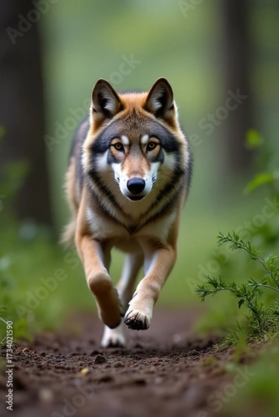 Fototapeta The wolf flees into the forest. Wolf runs through the summer field.created with the help of artificial intelligence.