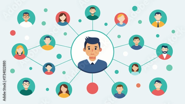 Fototapeta A man is at the center of a large circle of people. The people are connected to the man in a web-like pattern. Concept of community and togetherness