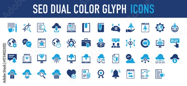 Fototapeta Set of Seo dual color glyph vector icon. Tag, Review, Bubble, Links, Dashboard, Invoice, Bell, Activity, View, Write, Writing, Database, Book, Think, Project,  Business, Settings, Setup illustration. 