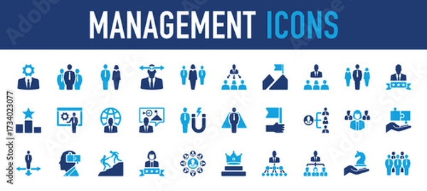 Fototapeta Set of Management vector icon. Arrow, Office, People, Target, Marketing, Group, Business, Game, Winner illustration. 