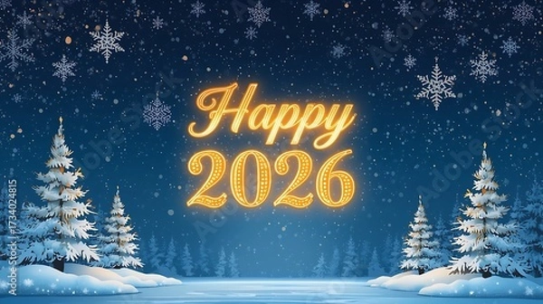 Fototapeta Magical Blue Winter Background with Falling Snowflakes, Stars, and Glowing Happy 2026 Typography