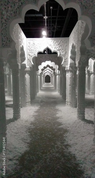 Fototapeta A long, ornate hallway lined with intricate arches, filled with soft white snow.