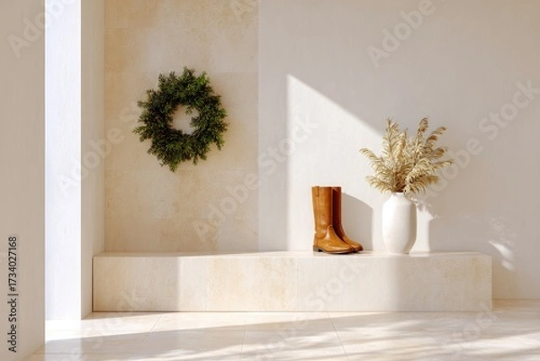 Fototapeta Warm tones blend seamlessly in minimalist space featuring boot,