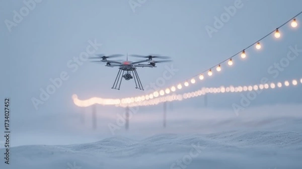 Fototapeta Drone navigates snowy landscape, illuminating path with bright l