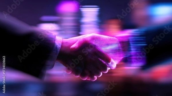 Fototapeta Two business professionals shaking hands in a blurred urban setting, symbolizing partnership and collaboration