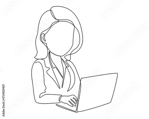 Fototapeta Woman with laptop computer in one continuous line drawing. Symbol of businesswoman and female student.vector illustration eps10