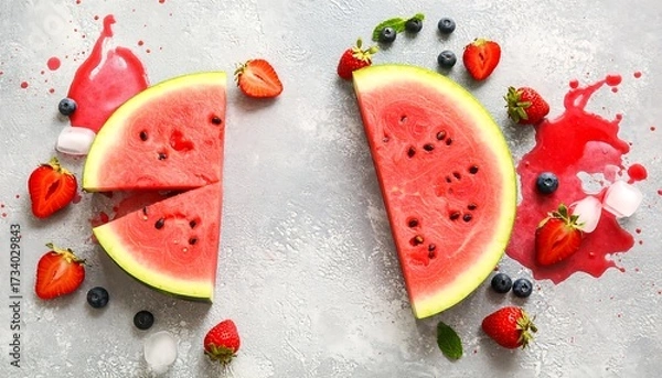 Fototapeta Watermelon slices, strawberries, blueberries, and ice cubes artfully arranged on a gray surface with spilled juice