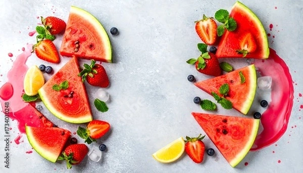 Fototapeta Watermelon, strawberries, blueberries, and lemon arranged artfully on a gray surface with juice spills