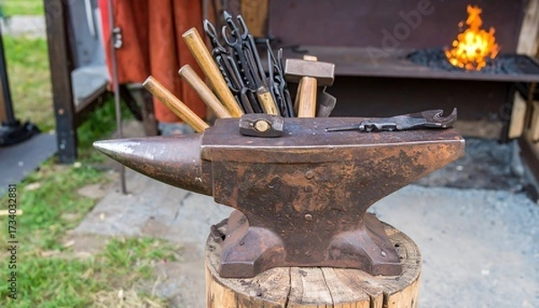 Fototapeta Weathered anvil with various metalworking tools, sitting on a tree stump, near a blacksmith's forge