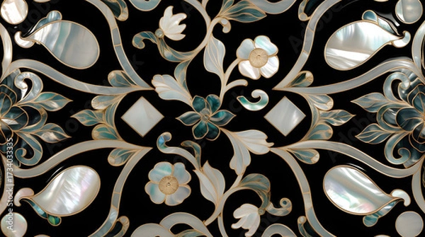 Fototapeta Korean mother-of-pearl patterns. Korean Lacquerware Pattern Design, featuring intricate Mother-of-Pearl Inlay on a rich black Lacquer background, crafted by traditional Korean Najeonchilgi artists