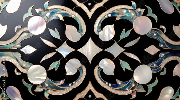 Fototapeta Korean mother-of-pearl patterns. Korean Lacquerware Pattern Design, featuring intricate Mother-of-Pearl Inlay on a rich black Lacquer background, crafted by traditional Korean Najeonchilgi artists