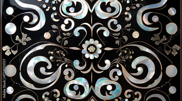 Fototapeta Korean mother-of-pearl patterns. Korean Lacquerware Pattern Design, featuring intricate Mother-of-Pearl Inlay on a rich black Lacquer background, crafted by traditional Korean Najeonchilgi artists