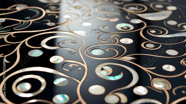 Fototapeta Korean mother-of-pearl patterns. Korean Lacquerware Pattern Design, featuring intricate Mother-of-Pearl Inlay on a rich black Lacquer background, crafted by traditional Korean Najeonchilgi artists