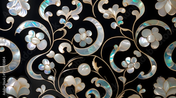 Fototapeta Korean mother-of-pearl patterns. Korean Lacquerware Pattern Design, featuring intricate Mother-of-Pearl Inlay on a rich black Lacquer background, crafted by traditional Korean Najeonchilgi artists