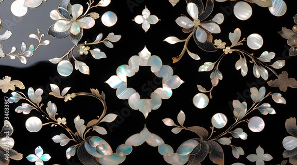 Fototapeta Korean mother-of-pearl patterns. Korean Lacquerware Pattern Design, featuring intricate Mother-of-Pearl Inlay on a rich black Lacquer background, crafted by traditional Korean Najeonchilgi artists
