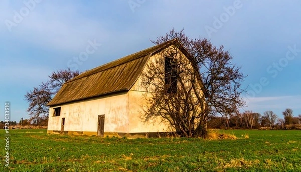 Fototapeta Weathered barn in a field, partially obscured by a tree