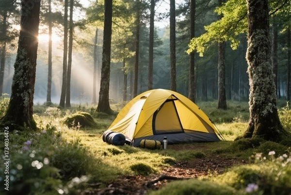Fototapeta A vibrant yellow tent is snugly nestled in a tranquil forest, where it is beautifully illuminated by soft sunlight