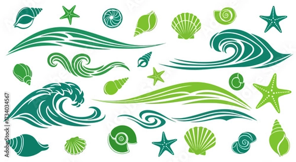 Fototapeta Nautical inspired vector elements featuring waves, seashells and starfish in green shades on white